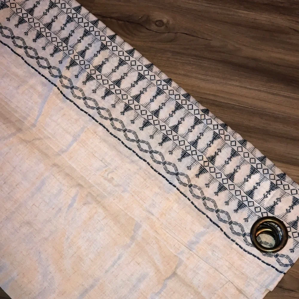 1 Pair Of Lazzy Linen Blend Blue On Beige Grommet Curtains 95” Length